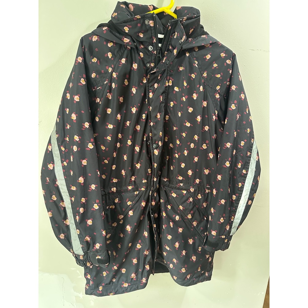 Cabi Floral Rain Jacket Black Pink Fleece Lined Hooded Reflective XS